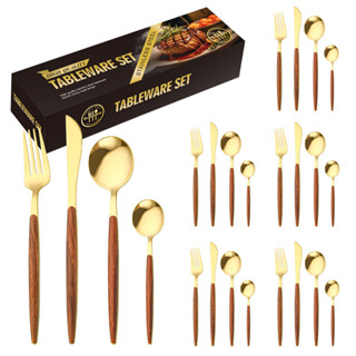 24 Peças Talheres Ouro De Aço Inox Inoxidável 430 Jogo De Talheres Ouro Negro Alças De Mad...