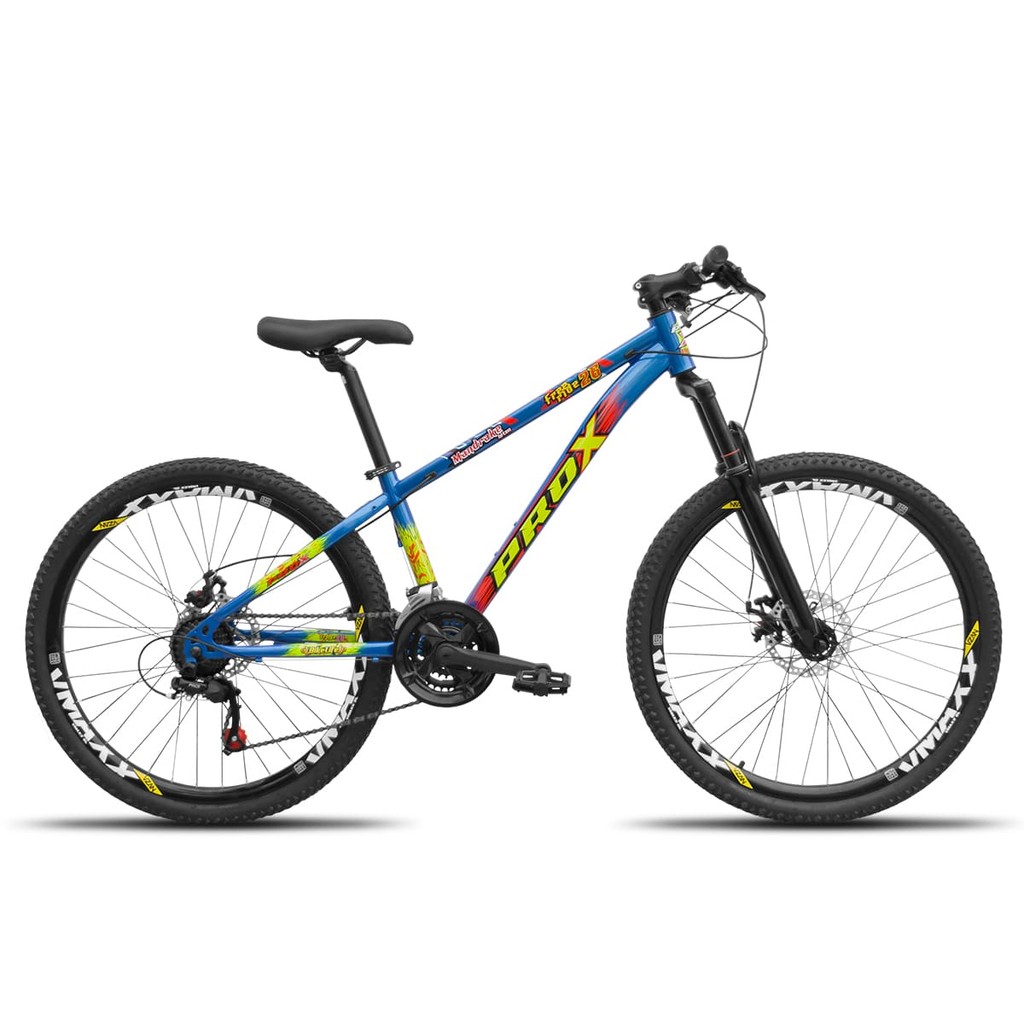 Bike Aro 26 Freeride PRO X Mandrake Hiten 21v Freio Disco Aros Vmaxx Azul Adesivo Amarelo e Vermelho