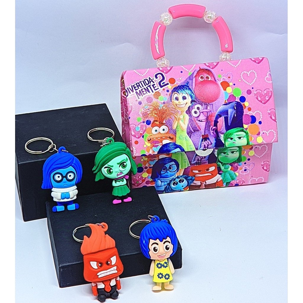 Kit Bolsa Infantil Mini Bag Cute alça Pérola Mão Divertidamente 2 Filme + Chaveiro Boneco 3D Diverta Mente emoções