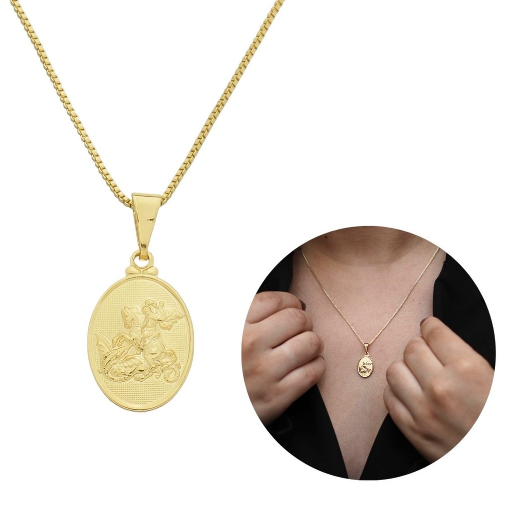 Colar cordão feminino com pingente medalha de São Jorge banhado a ouro 18k presente para mulher, mãe em Oferta na Shopee