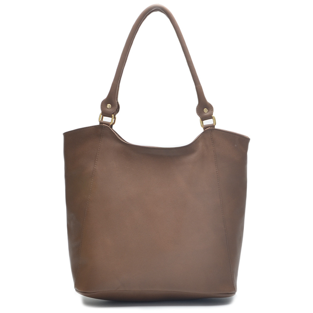 Bolsa Grande Feminina Couro Legítimo Alça de Ombro Sacola Fechamento Zíper Cor Caramelo