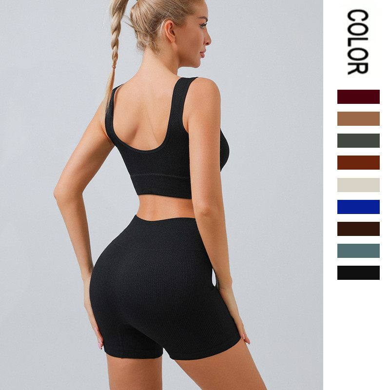 Conjunto Feminino 2 Peças Top Canelado c/ Bojo + Short Canelado, Fitness Academia, Alta Compressão, Zero Transparência