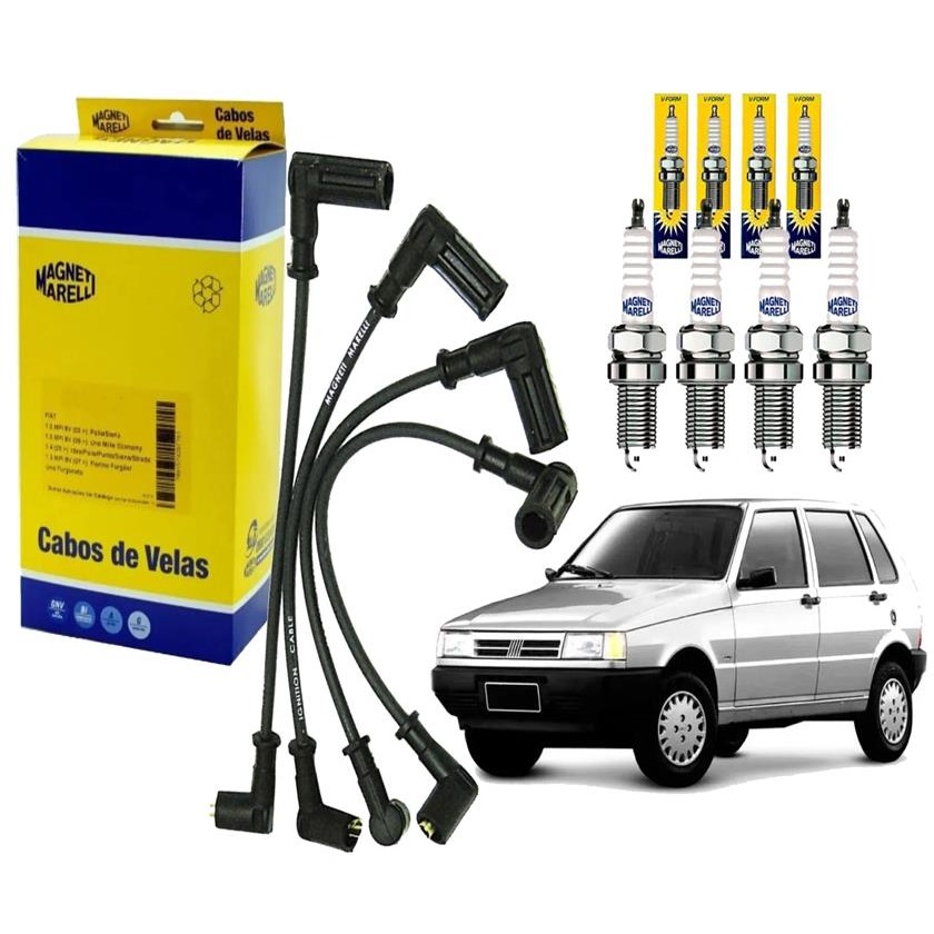 Kit Jogo de Cabos de Vela +Jogo de Velas Uno Elba Premio 1.0 8v gasolina 1993 1994 1995 1996 1997 1998 1999 2000