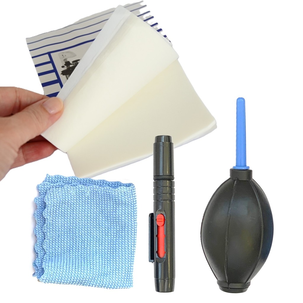 Kit Limpa Lente e Camera  4x1 c/ Soprador, Pano, Pincel multiuso portátil e bloco de lenços 50fls