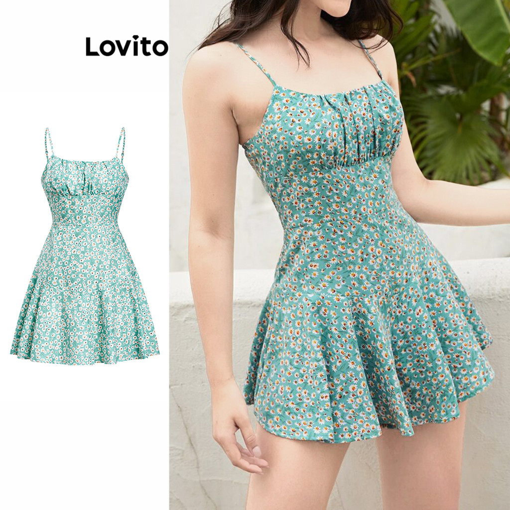 Lovito Vestido Casual Ditsy Floral Lace Up Vestido Drapeado Para Mulheres L110AD389 - Women Clothes