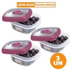 Kit 3 Potes Plásticos Quadrados Herméticos Açaí 280ml Flor Sanremo