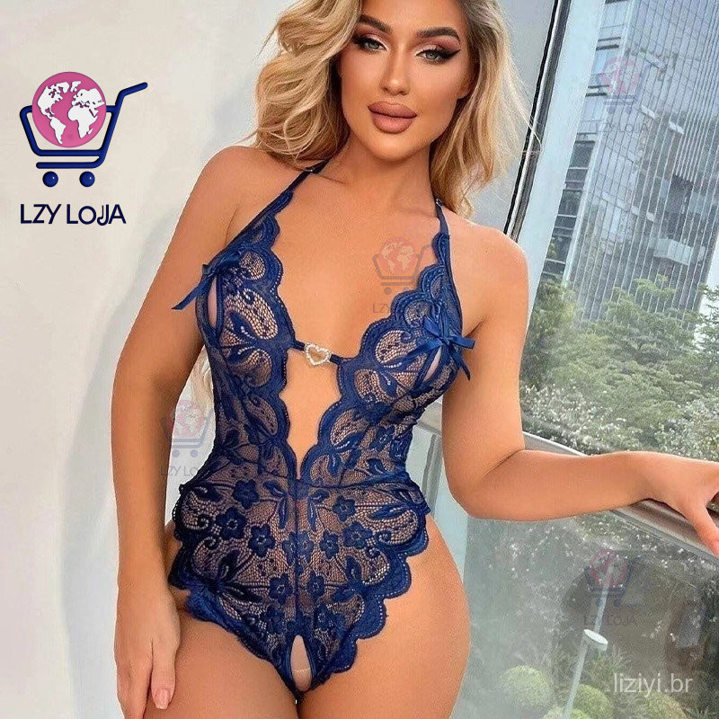 Body em renda Luxo com aberturas sensuais e pingente coração luxo Roupa íntima erótica plus size feminina profunda V des em Oferta na Shopee
