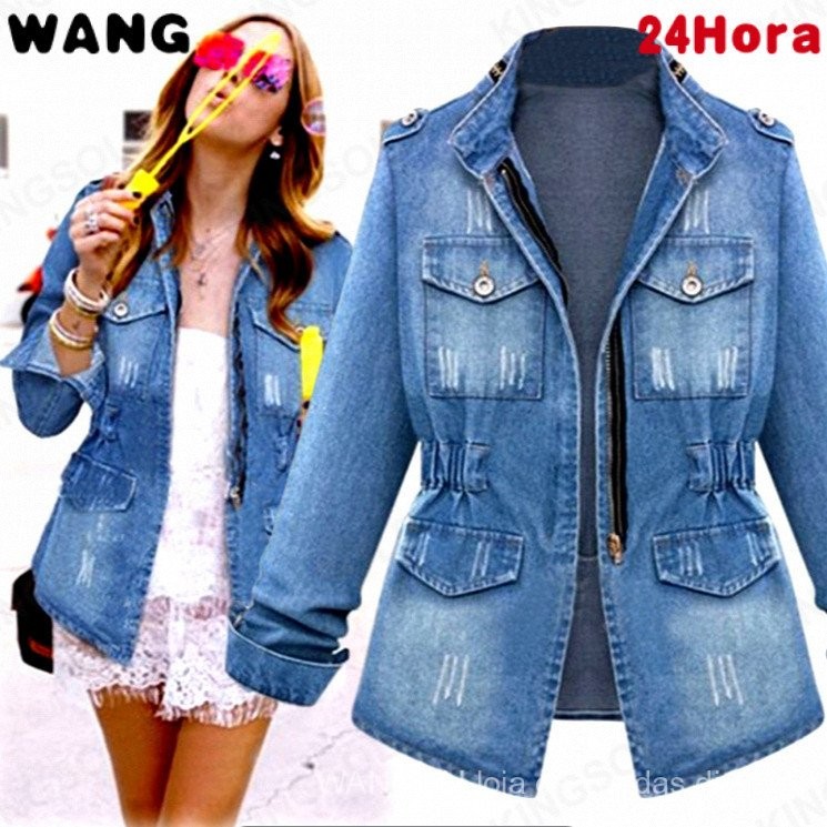Jaqueta de jeans feminina de manga longa com ajuste slim