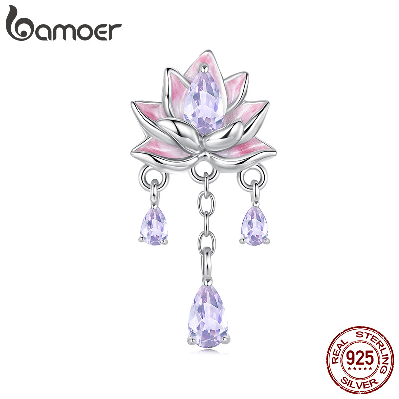 Bamoer 925 Prata Esterlina Charme Rosa Roxo Lótus Borla Pingente De Silicone DIY Para Pulseira Presente Mulher