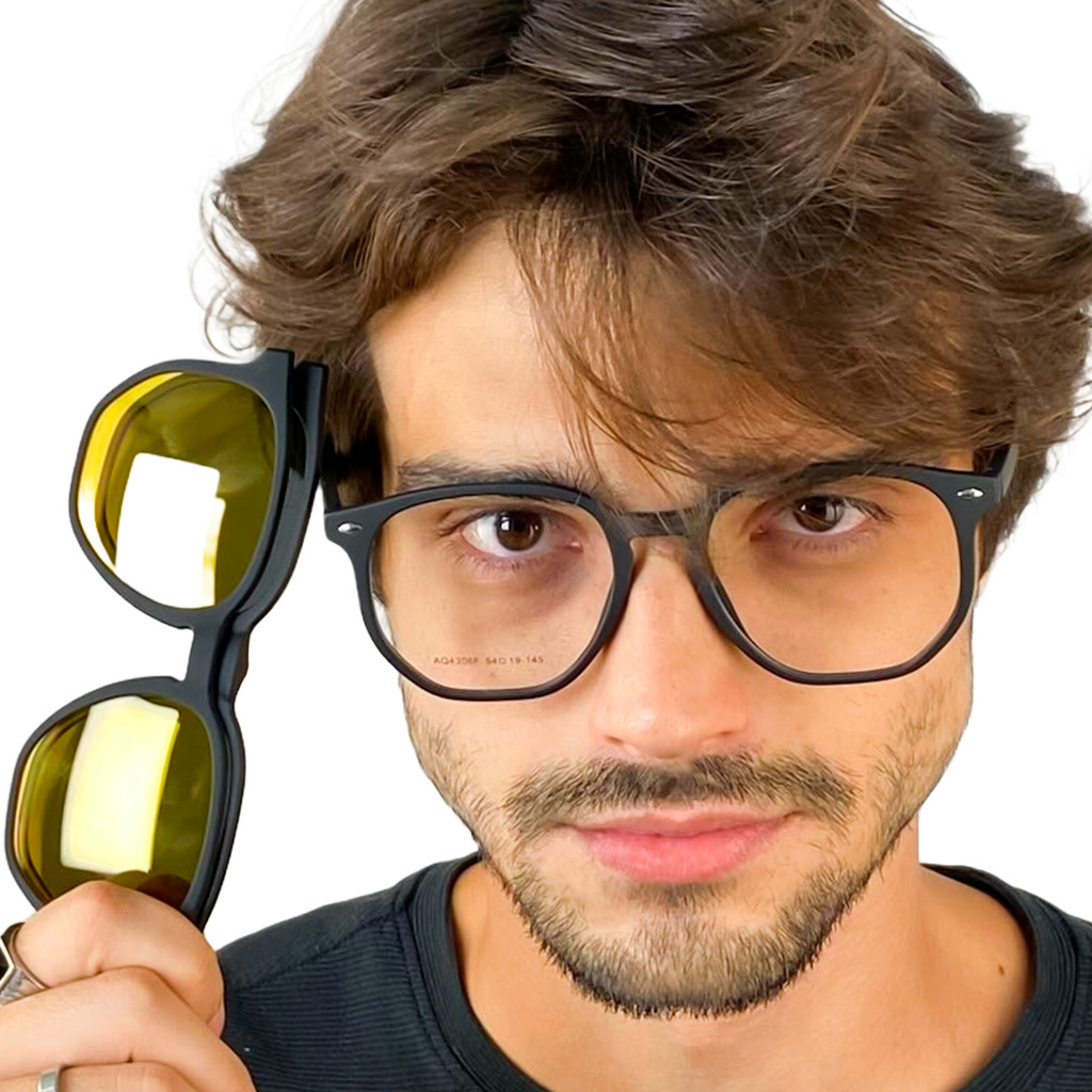 Armação De  Óculos Grau Masculino Clipon 3 Em 1 Flexivel Lente Polarizada e Lente Night Driver Cm264