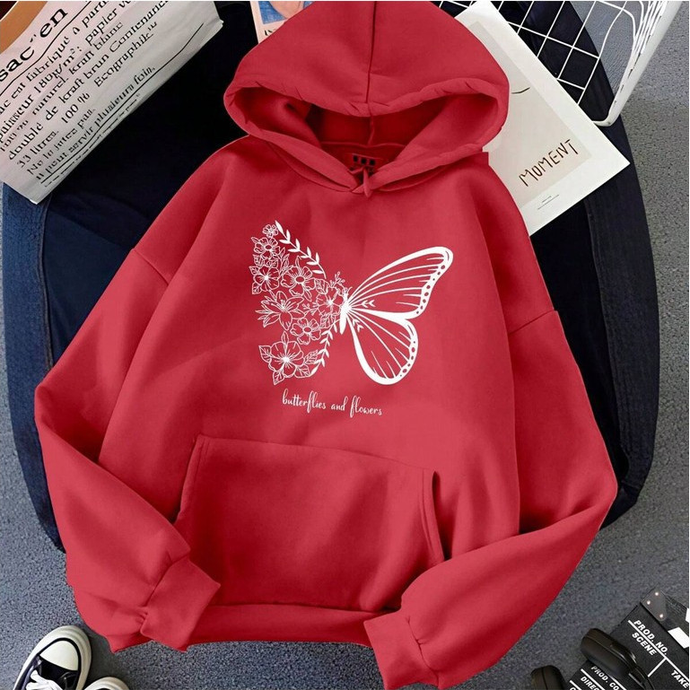 Blusa Moletom Feminino Canguru Estampado Borboleta Flores Butter Flies and Flowers Casaco de Frio Flanelado