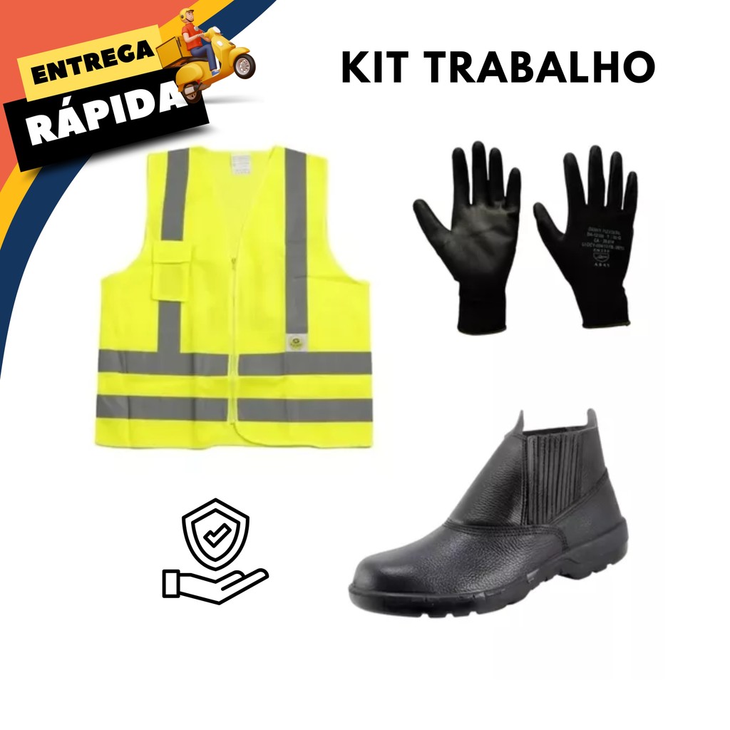 Kit Trabalho Botina Vulcaflex Marluvas Colete Refletivo Luva Multitato Flextáctil PU Entrregador Obra 3em1