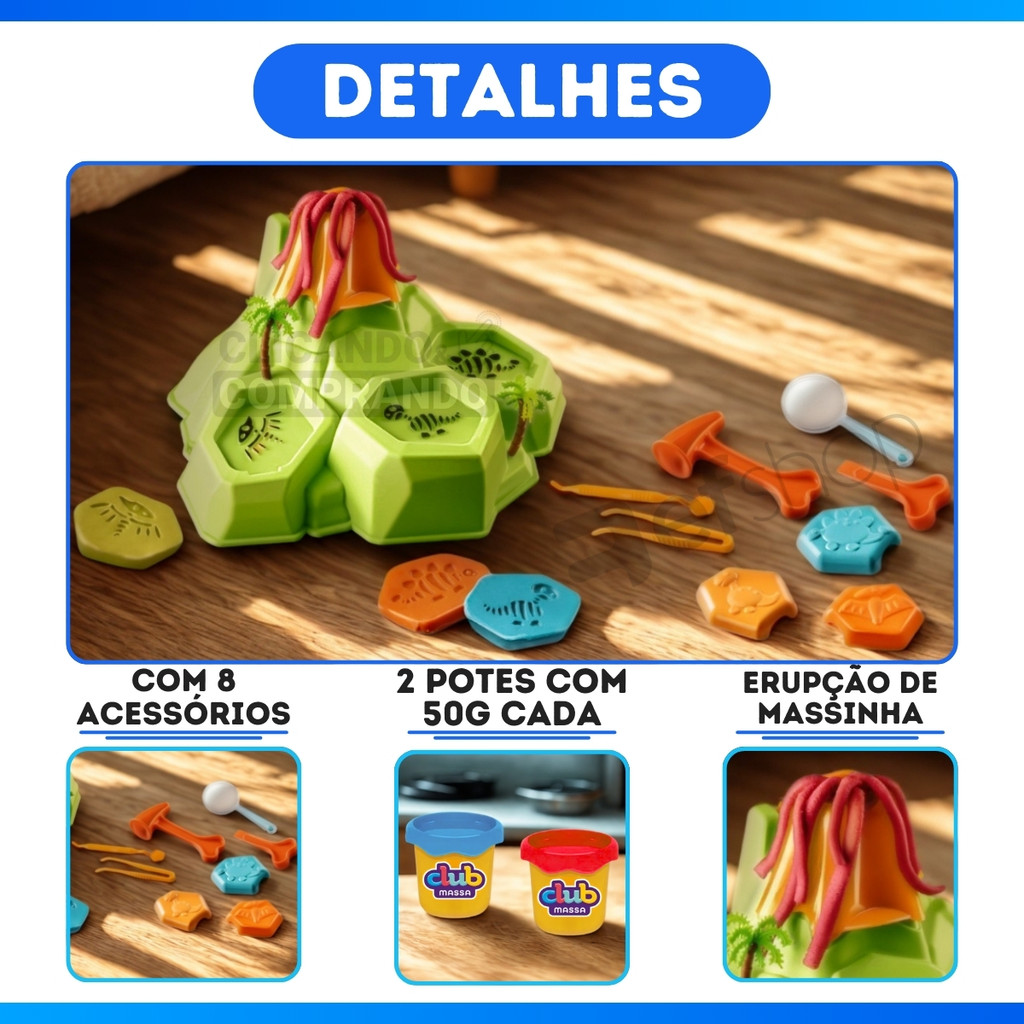 Kit 3 Potes Massinha Modelar Dino Vulcão Forminha 8 acessórios - MAIS BARATO — imagem 2 de 2