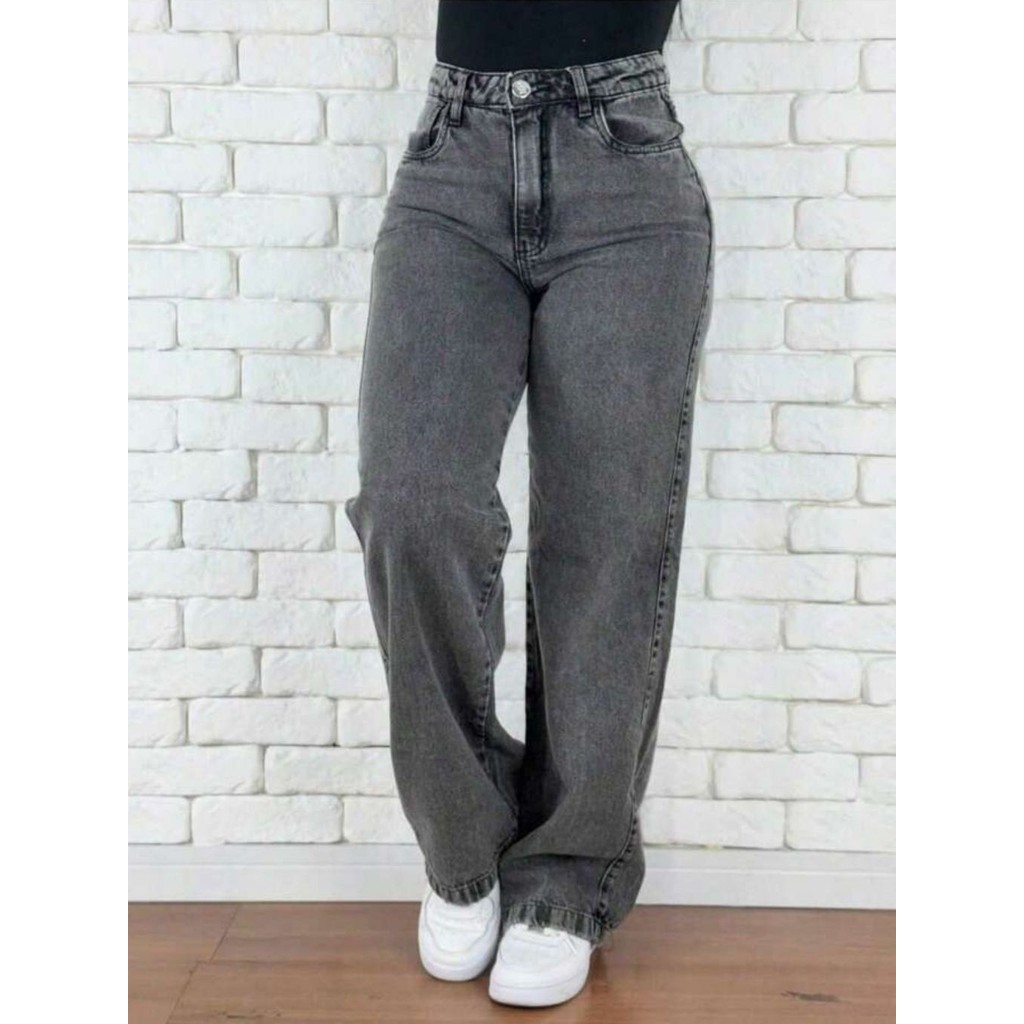 calça wid leg feminina Jeans Cintura Alta Cós Alto Lycra Grossa Rasgada Cinza Grafit Marmorizada em Oferta na Shopee