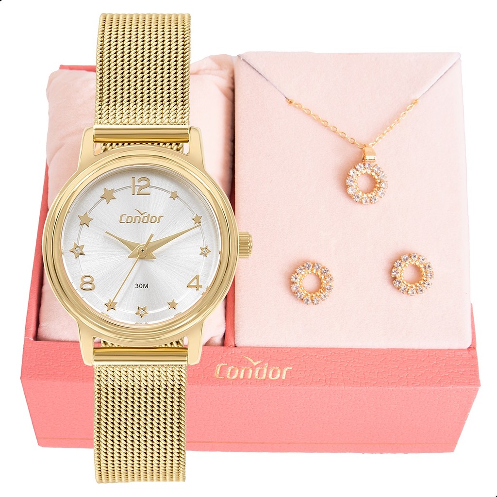 Relógio de Pulso Feminino Pequeno Condor Dourado CO2035NEN/K4D Colar e Brincos
