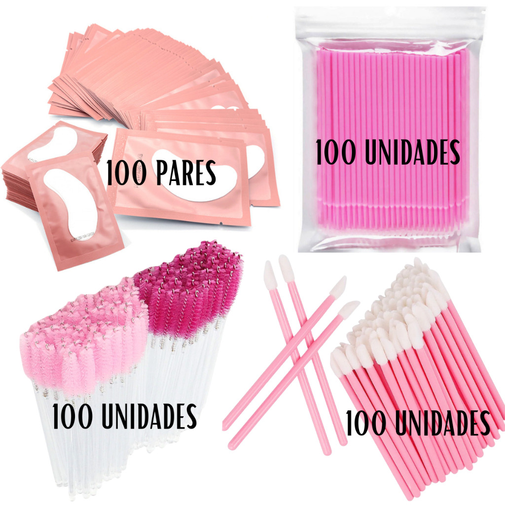Kit 100 Aplicador + 100 Escovinhas + 100 Microbrush +100 Pares de Gel Pads (S26)