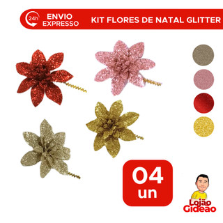 Kit Flor Decorativa De Natal Com Brilho Com 4 Unidades Vermelha Dourado Enfeite de Natal