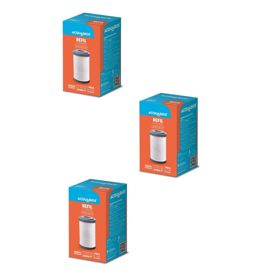 KIT 03 UN Refil Carbon Block 5" Acquabios 60 L/H Carvão Ativado