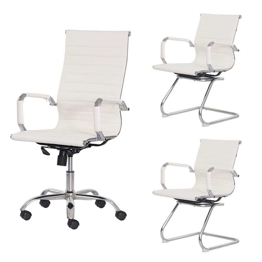 Kit Cadeira De Escritório Presidente Stripes + 2 Cadeiras Interlocutor Fixa Branca Office