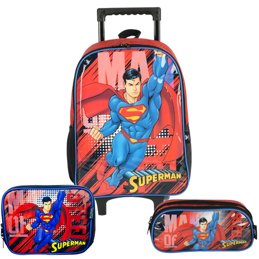 Kit Mochila De Rodinhas Infantil Lancheira Estojo Super Man - Baby & Kids Fashion