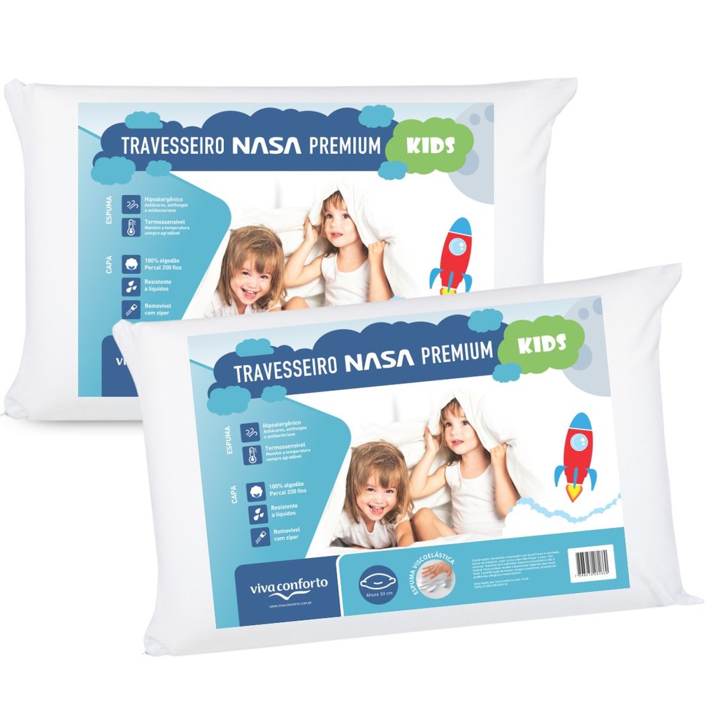 Kit 2 Travesseiros Nasa Premium Kids Infantil Capa Percal Algodão Impermeável Viva Conforto