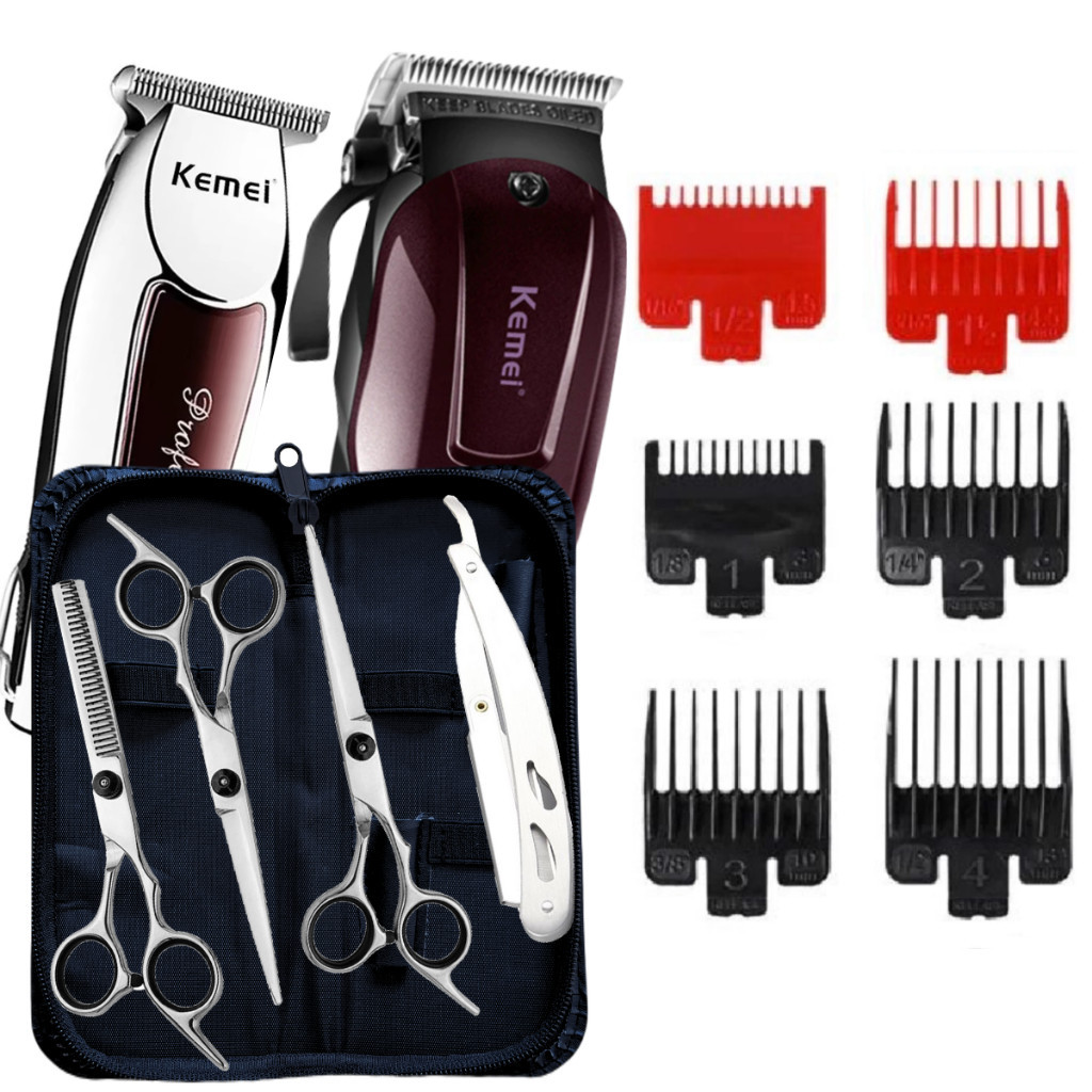 KitMaquinas de Cortar Cabelo + Kit Tesouras Profissionais Para Barbeiro Tesoura Fio Navalha Capa Maquinas KM2600 KM032 em Oferta na Shopee