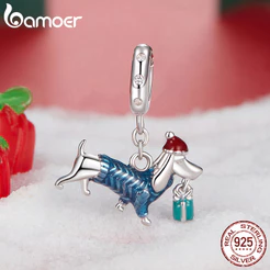 Bamoer S925 Charme Natal Dachshund Pingente Design DIY Para Pulseira Presentes Mulheres