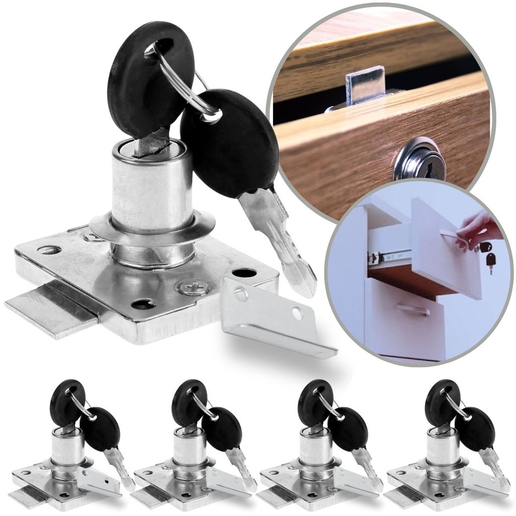 Kit 5 Fechadura Gaveta Porta Cilindro 22mm Batente Leve Segredo Variado Econômica Chaves Armário Tranca Basculante