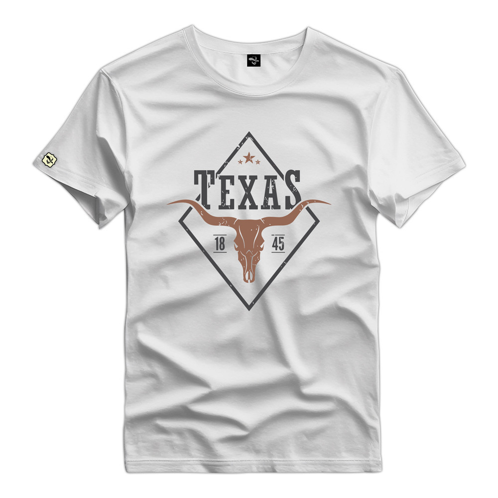 Camisa Estampada 100% Algodão Camiseta Country "Texas 1845 Cabeça De Boi"