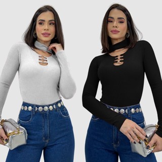 Kit 2 Body Canelado Feminino Manga Longa Com Detalhe Argola em Oferta na Shopee