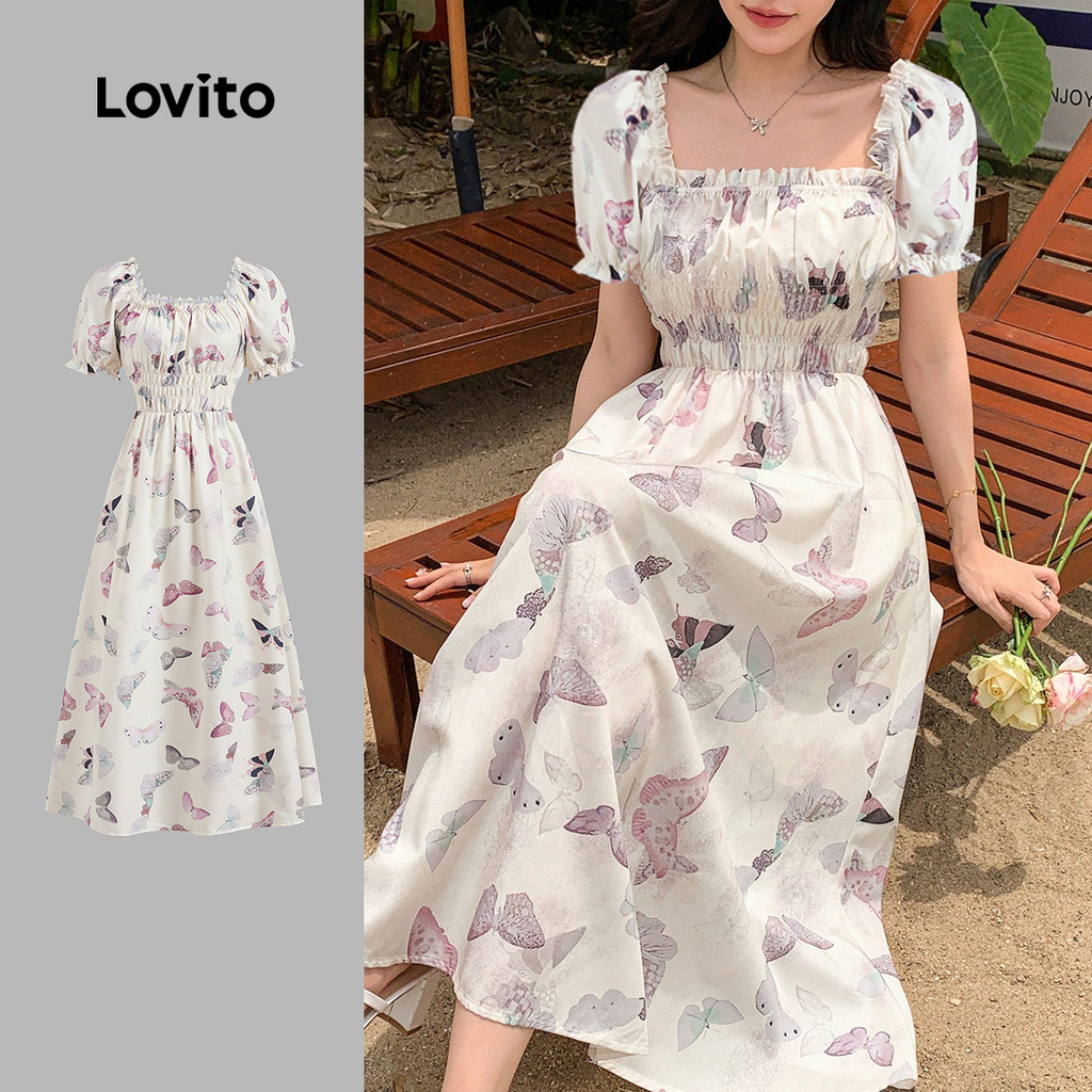 Lovito Vestido elegante com babados e gravata frontal para mulheres LBL23078 - Women Clothes