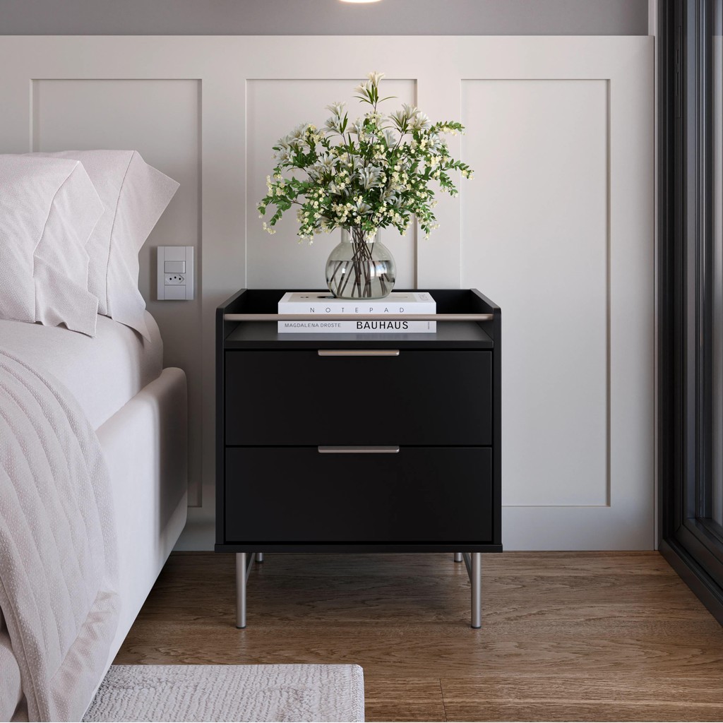 Mesa de Cabeceira 2 Gavetas com LED Yves 53 cm - Preto Fosco c/ Champanhe