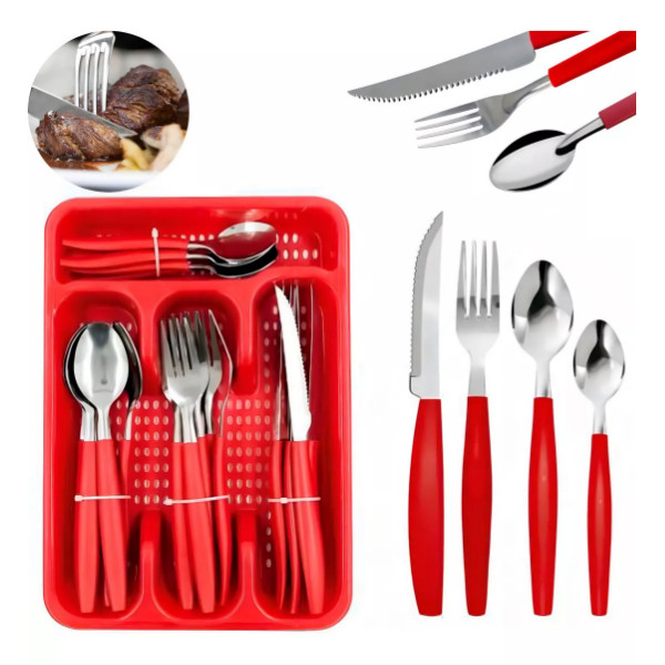 Jogo Conjunto De Talheres inox Faqueiro Porta Talher Com 25 Peças  Fratelli Caprese Vermelho em Oferta na Shopee