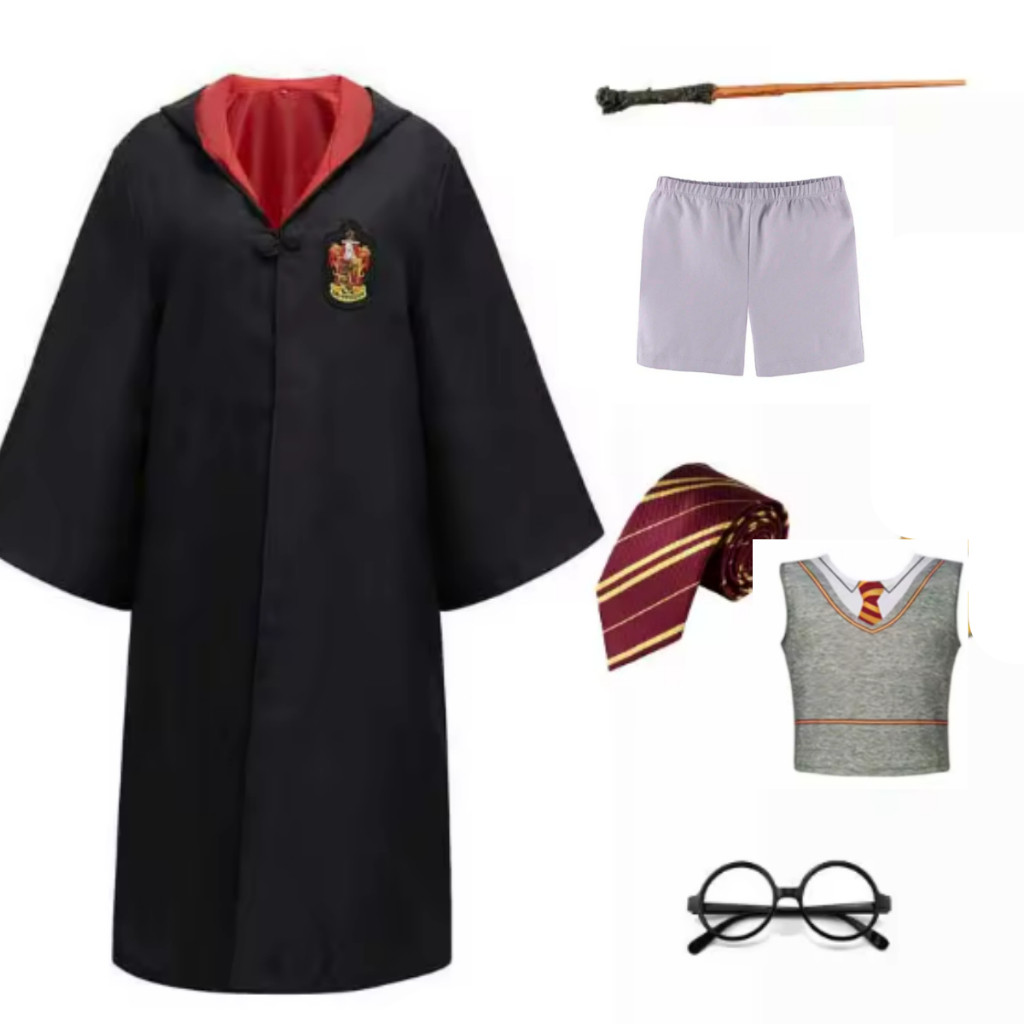 Fantasia Completar Harry Potter Capa de bruxo + Varinha + Oculos+ Gravata+ shorts+ Camisa
