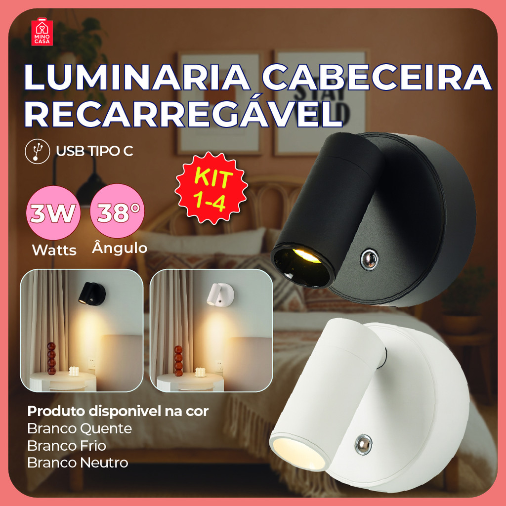 Arandela Spot Luminária Cabeceira Recarregável Led Redonda 3W com 3 Tons de Luz Bivolt