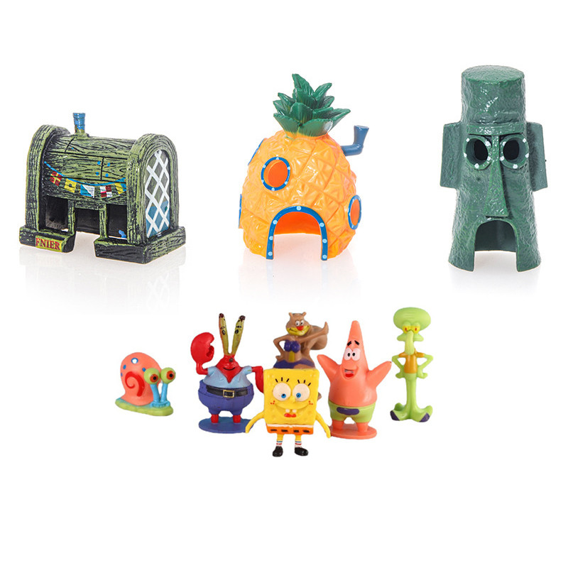 6 Pçs Bob Esponja Decoração Do Tanque De Peixes Dos Desenhos Animados Aquário Boneca Decorações Abacaxi Casa Peixe Camar