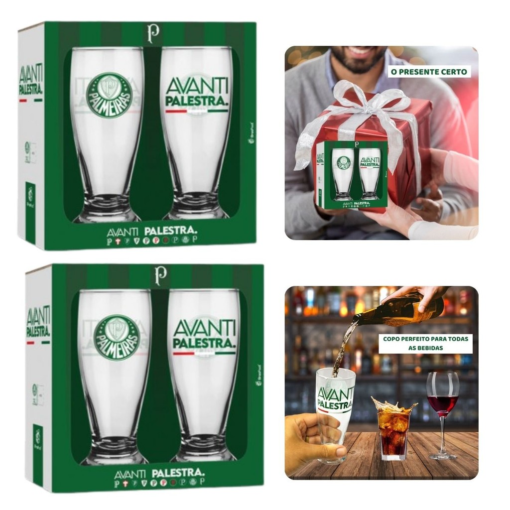 Kit 4Un Copos Munich Vidro Tulipa Cerveja Chopp Time Escudo Palmeiras Oficial