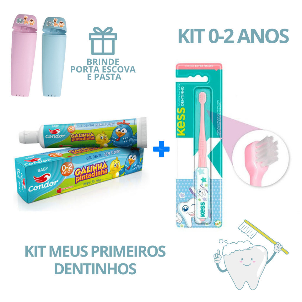 Kit Higiênico Meus Primeiros Dentinhos creme dental sem flúor e escova Kless Bebê (COM PORTA ESCOVA)