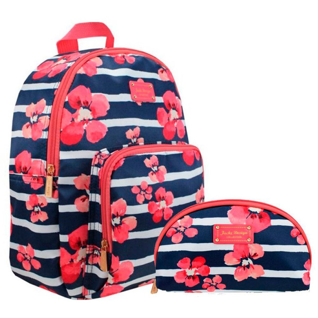 Mochila De Costas Floral Azul com Nécessaire Meia lua Bossanova