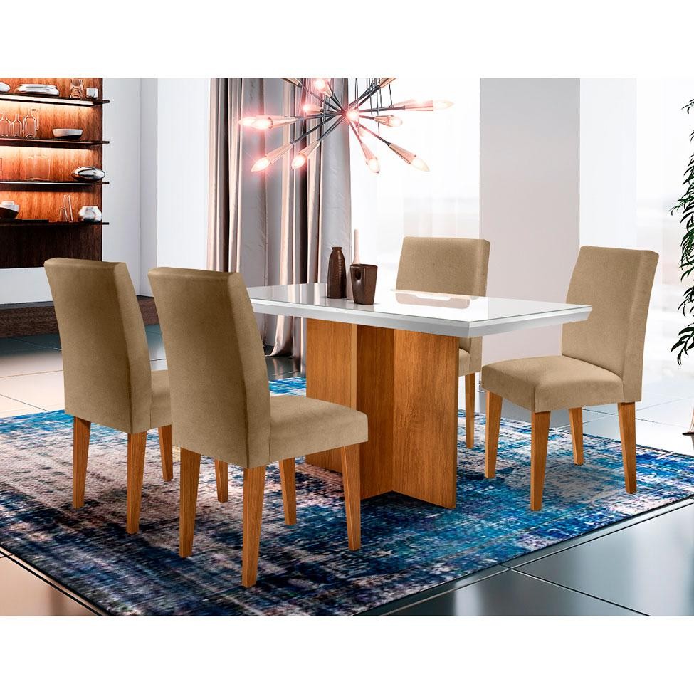 Conjunto de Mesa de Jantar Berlim I com Tampo de Vidro Off White e 4 Cadeiras Grécia Linho Turim - Home & Living
