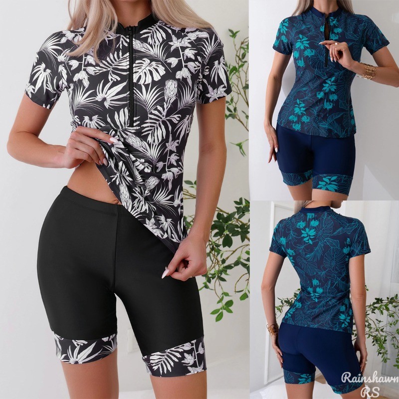 Maio Feminino Praia Maiô de Cintura Alta Maio Natação Maio Plus Size Flores Zíper Manga Curta Maiô Dividido Tankini