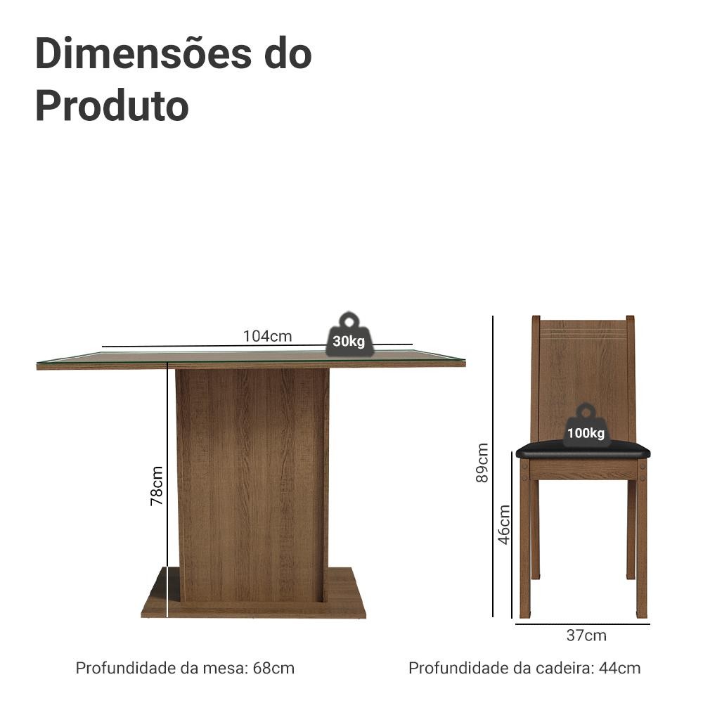 Detalhes do Conjunto Sala de Jantar Mesa Tampo de Vidro 4 Cadeiras Rustic/Preto Camélia Madesa