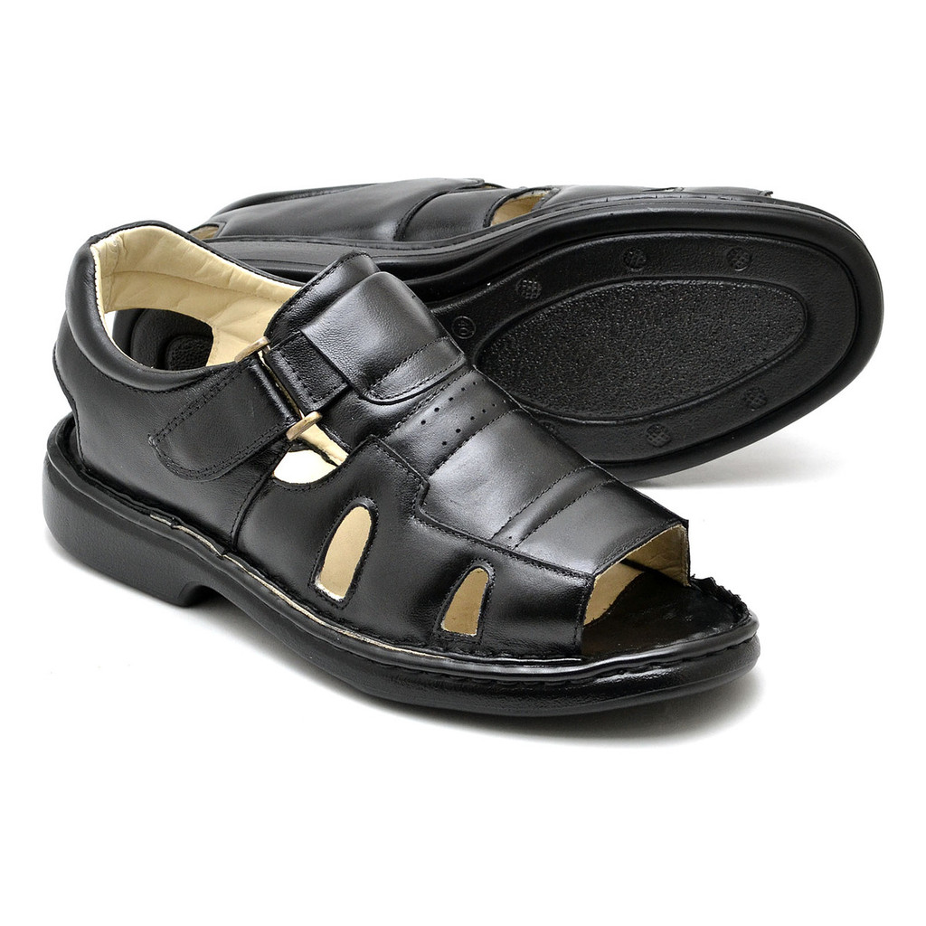 Sandália Anatômica Masculina Couro Macio Papete Ortopédica Antistress Conforto