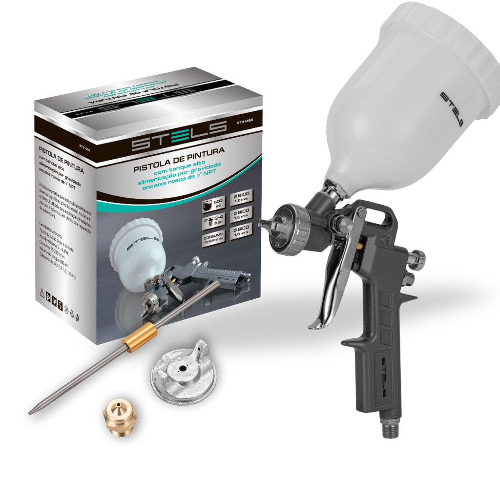 Pistola de Pintura Stels Profissional com Bicos 1.2/1.5/1.8mm em Oferta na Shopee
