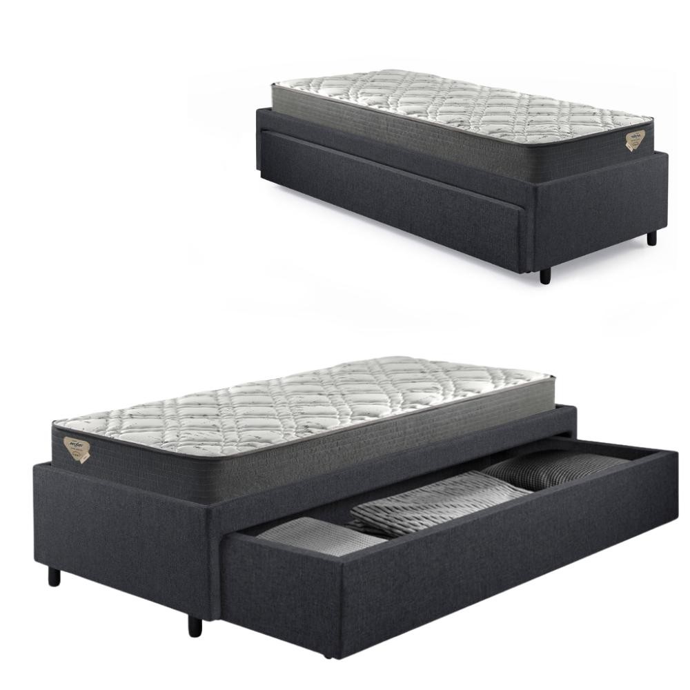Cama Box Viúva Sapateira Linho Cinza e Colchão Adapto Ecoflex 120x203