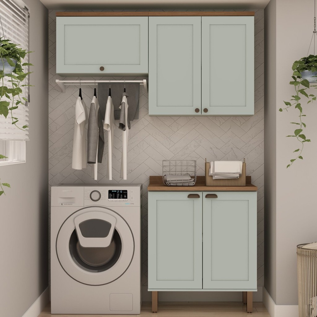Kit Área de Serviço com 3 Módulos com Portas Provençais para Lavanderia 100% Mdf Mint em Oferta na Shopee