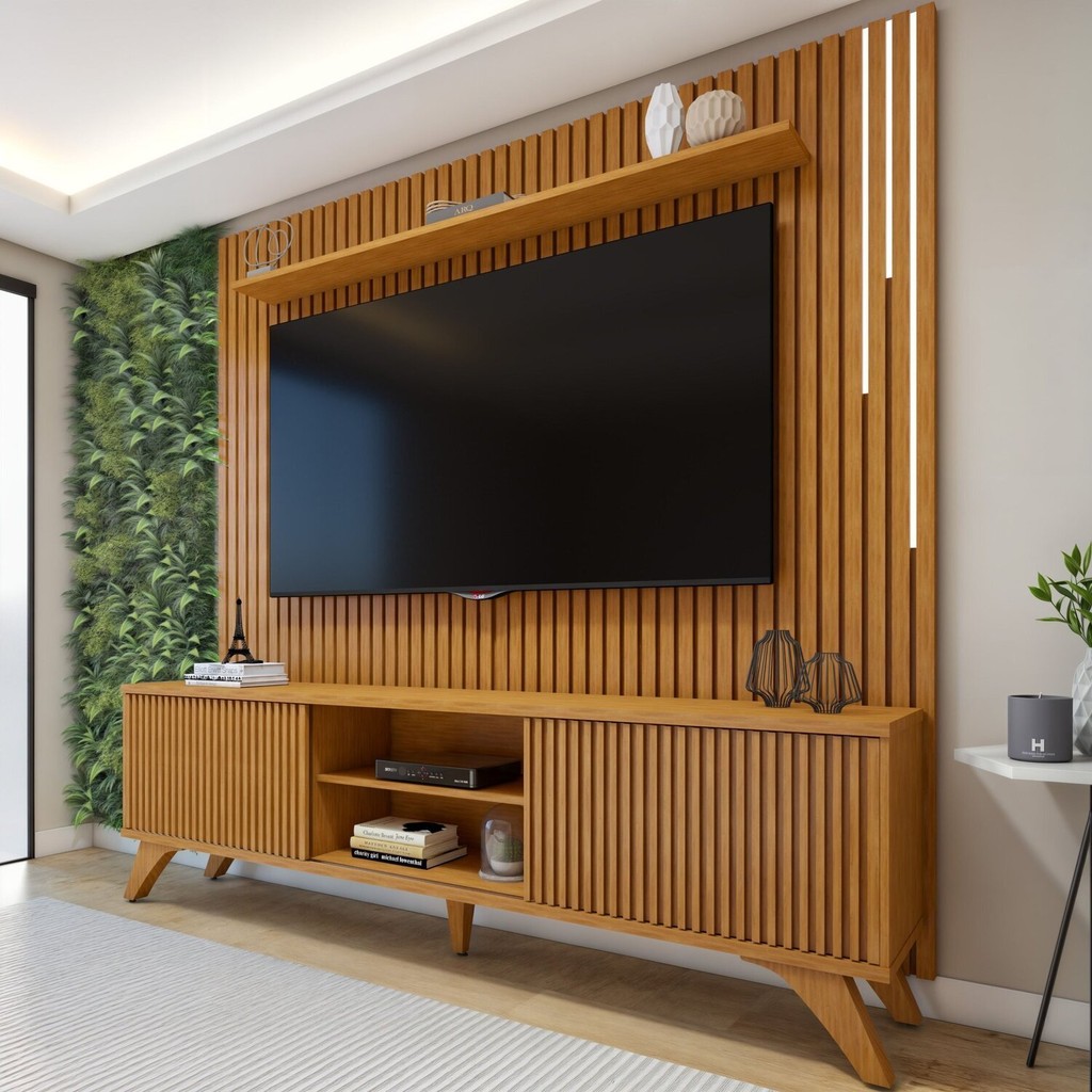 Rack com Painel para TV até 75 Polegadas com Ripado 100% MDF com LED 218cm Pés Madeira Gaia Paris Naturalle - Home & Living