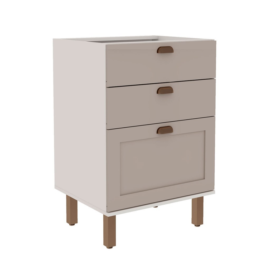 Balcão de Cozinha 60cm Iluminata 100% Mdf 3 Gavetas Branco/Fendi - Genialflex em Oferta na Shopee