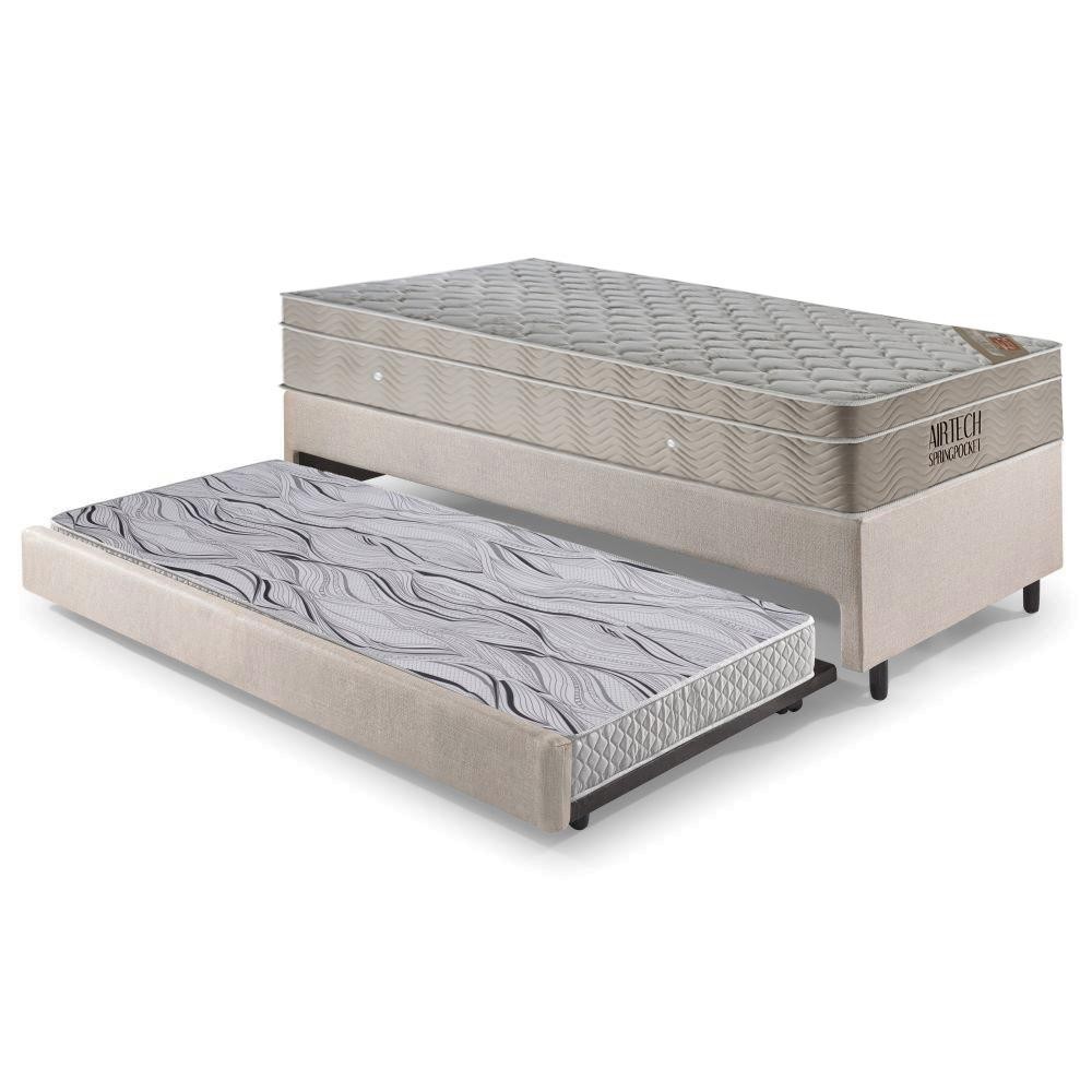 Bicama Box Solteiro Linho Bege 88x188x28 cm com Colchão Airtech Ortobom Molas Ensacadas e Colchão Auxiliar Ecoflex