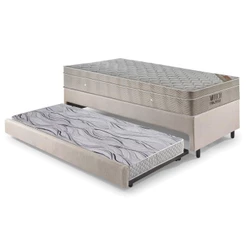 Bicama Box Solteiro Linho Bege 88x188x28 cm com Colchão Airtech Ortobom Molas Ensacadas e Colchão Auxiliar Ecoflex